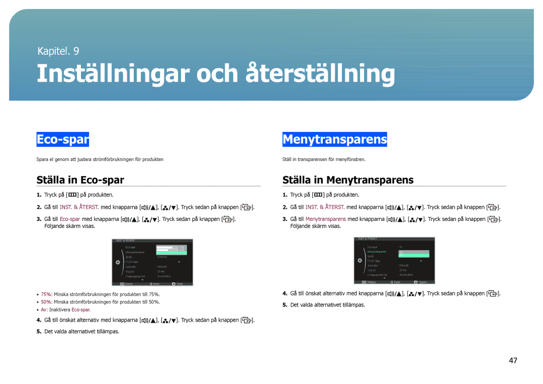 Samsung LS27B970DS/EN, LS27B971DS/EN manual Inställningar och återställning, Ställa in Eco-spar, Ställa in Menytransparens 