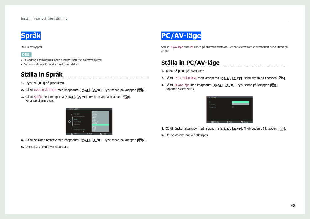 Samsung LS27B971DS/EN, LS27B970DS/EN manual Ställa in Språk, Ställa in PC/AV-läge 