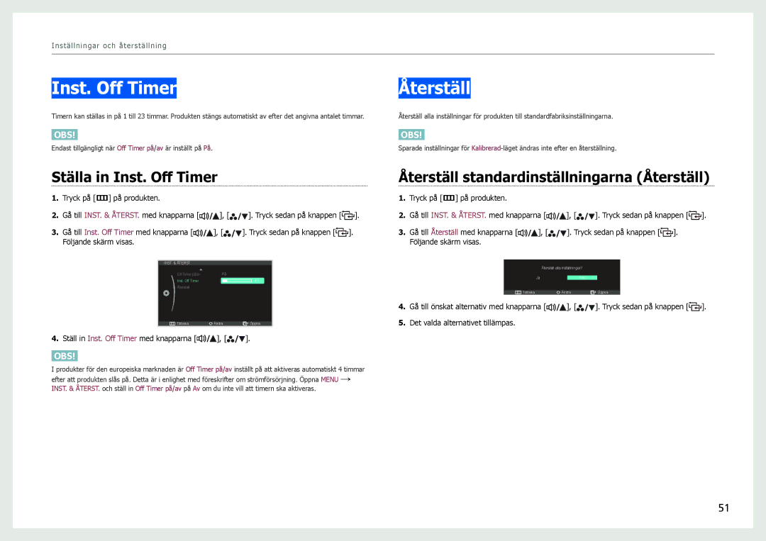 Samsung LS27B970DS/EN, LS27B971DS/EN manual Ställa in Inst. Off Timer, Återställ standardinställningarna Återställ 