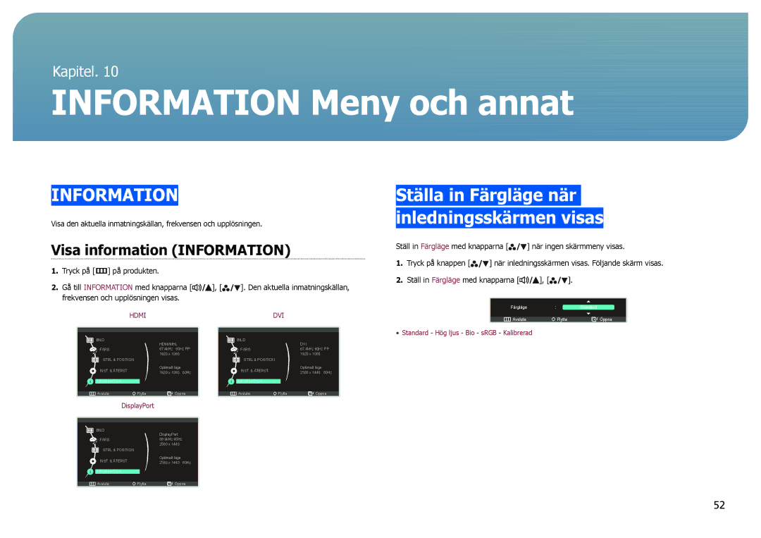 Samsung LS27B971DS/EN, LS27B970DS/EN manual Information Meny och annat, Ställa in Färgläge när inledningsskärmen visas 