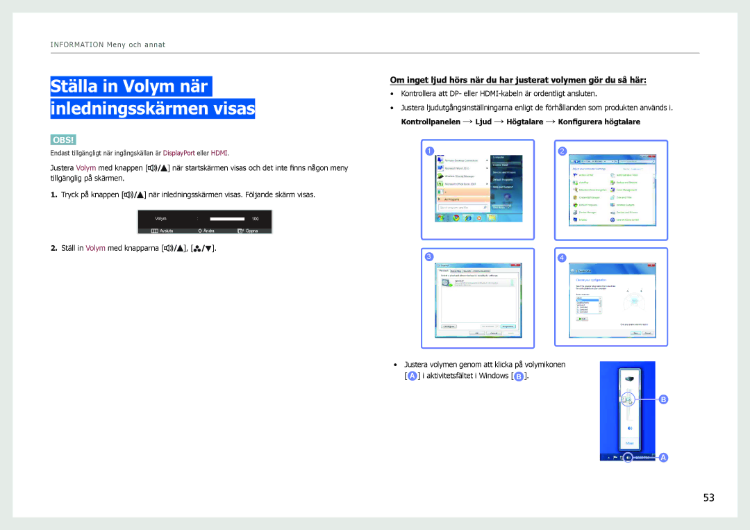 Samsung LS27B970DS/EN, LS27B971DS/EN manual Ställa in Volym när inledningsskärmen visas 