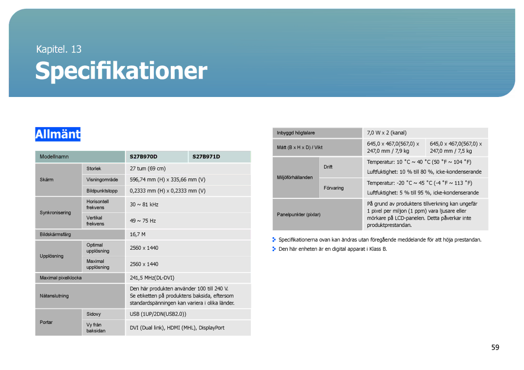 Samsung LS27B970DS/EN, LS27B971DS/EN manual Specifikationer, Allmänt 