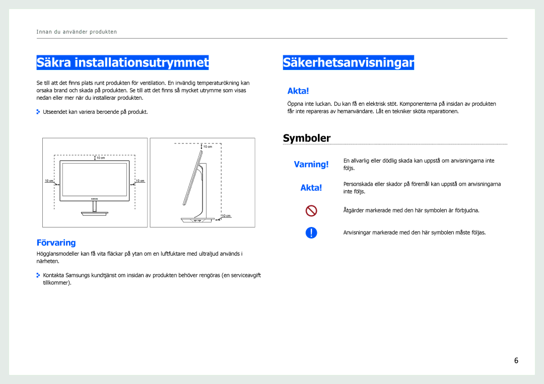 Samsung LS27B971DS/EN, LS27B970DS/EN manual Säkra installationsutrymmet, Säkerhetsanvisningar, Symboler 