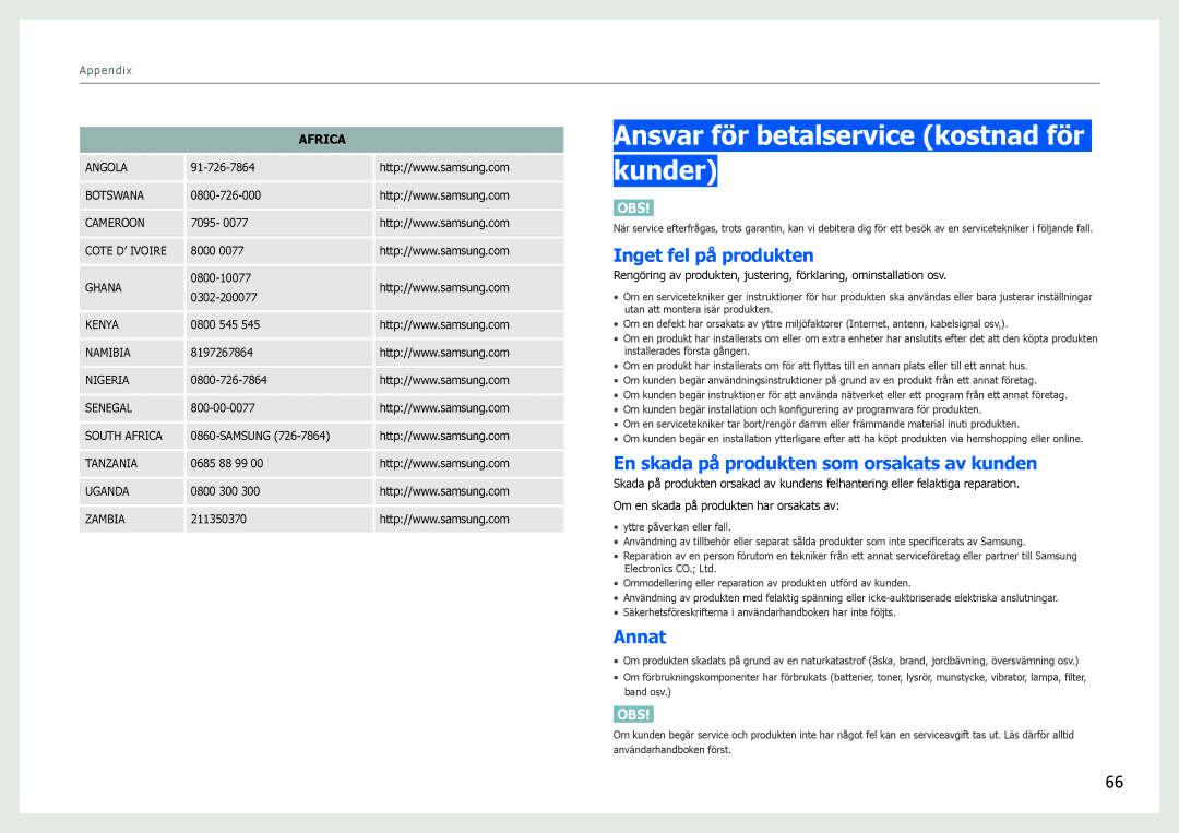 Samsung LS27B971DS/EN, LS27B970DS/EN manual Ansvar för betalservice kostnad för kunder, Inget fel på produkten, Annat 