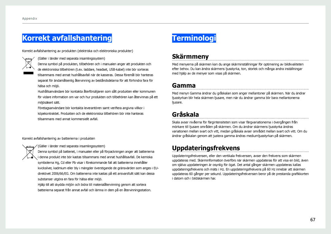 Samsung LS27B970DS/EN, LS27B971DS/EN manual Korrekt avfallshantering, Terminologi 