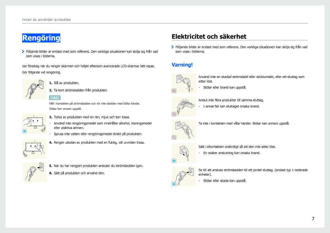 Samsung LS27B970DS/EN, LS27B971DS/EN manual Rengöring, Elektricitet och säkerhet, Varning 