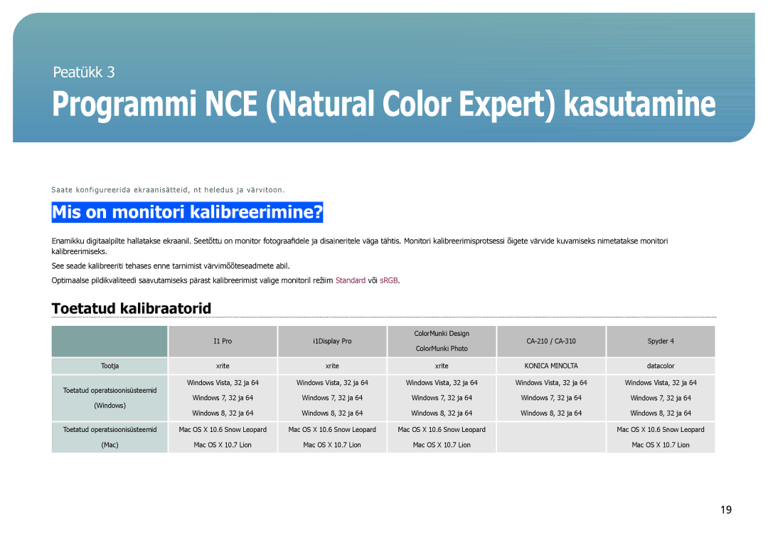 Samsung LS27B970DS/EN, LS27B971DS/EN manual Mis on monitori kalibreerimine?, Toetatud kalibraatorid 