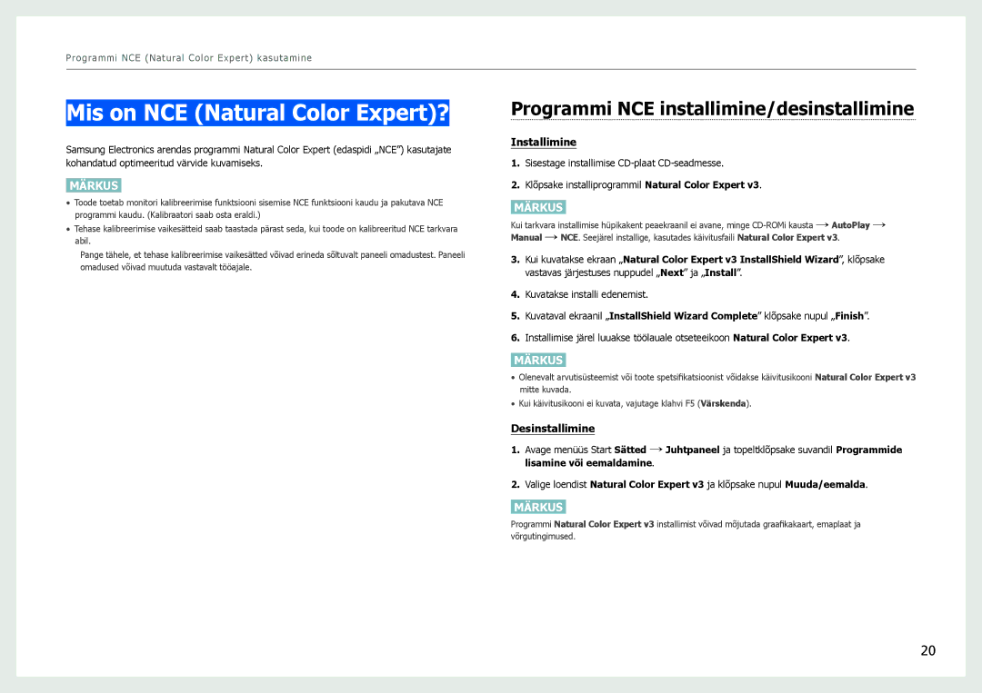 Samsung LS27B971DS/EN, LS27B970DS/EN manual Mis on NCE Natural Color Expert?, Programmi NCE installimine/desinstallimine 