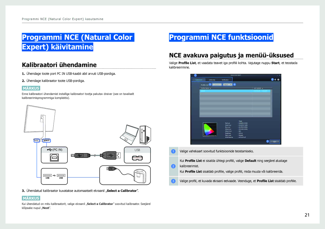Samsung LS27B970DS/EN Programmi NCE Natural Color Expert käivitamine, Programmi NCE funktsioonid, Kalibraatori ühendamine 