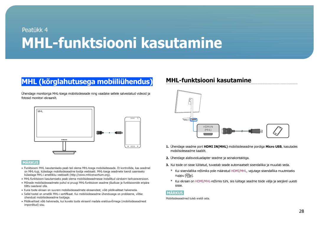 Samsung LS27B971DS/EN, LS27B970DS/EN manual MHL-funktsiooni kasutamine, MHL kõrglahutusega mobiiliühendus 