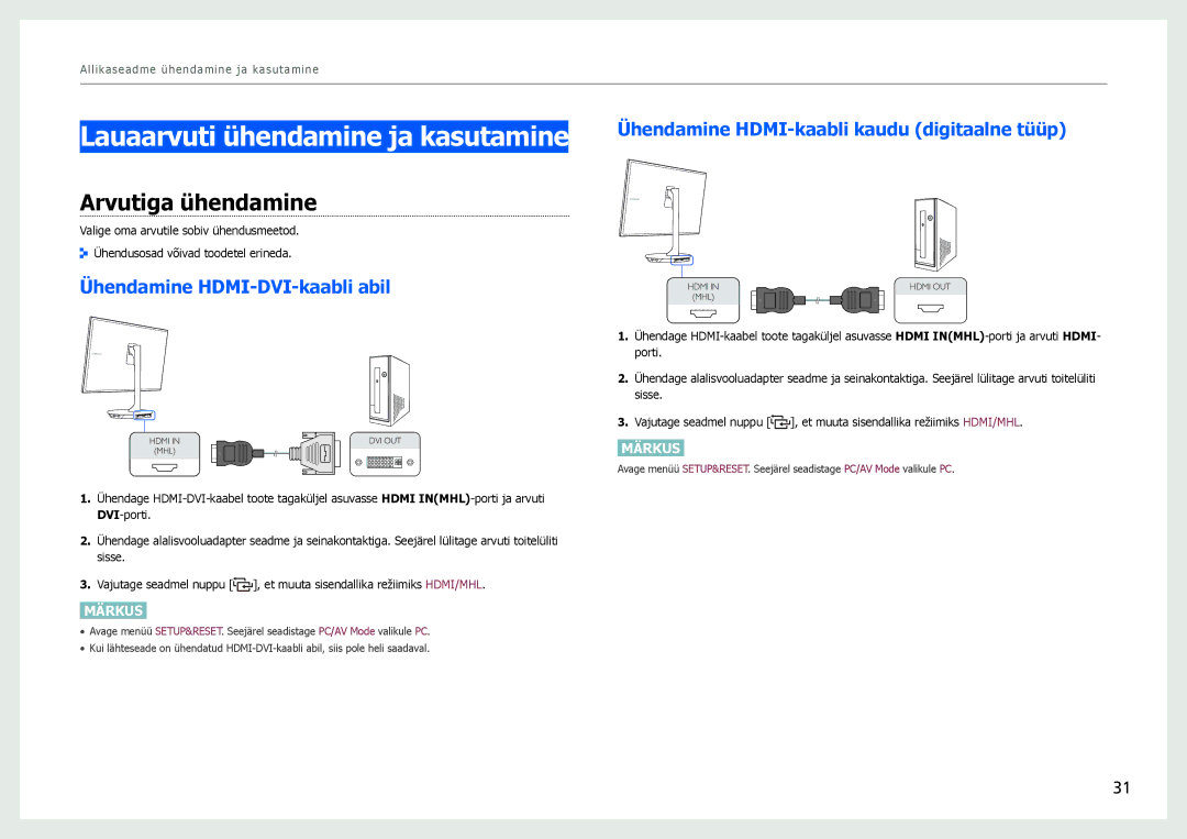 Samsung LS27B970DS/EN manual Lauaarvuti ühendamine ja kasutamine, Arvutiga ühendamine, Ühendamine HDMI-DVI-kaabli abil 