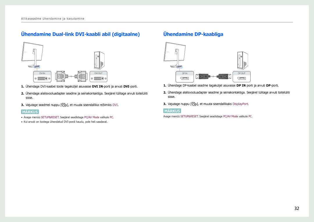 Samsung LS27B971DS/EN, LS27B970DS/EN manual Ühendamine Dual-link DVI-kaabli abil digitaalne, Ühendamine DP-kaabliga 