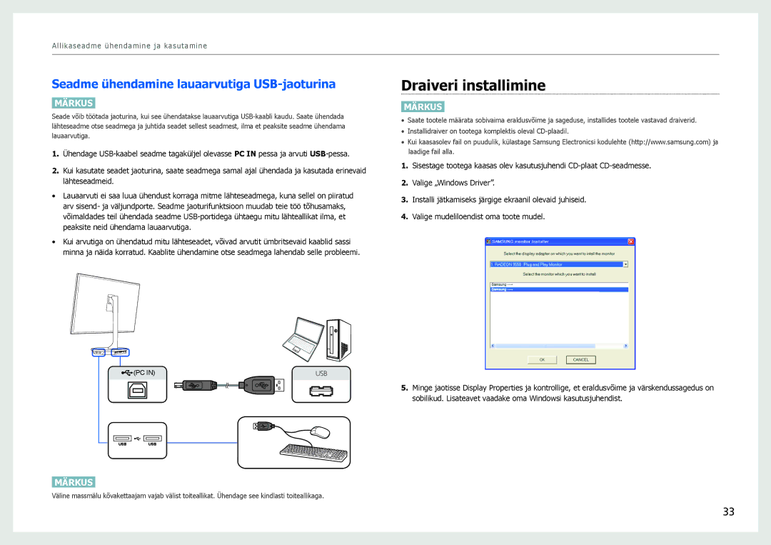 Samsung LS27B970DS/EN, LS27B971DS/EN manual Draiveri installimine, Seadme ühendamine lauaarvutiga USB-jaoturina 