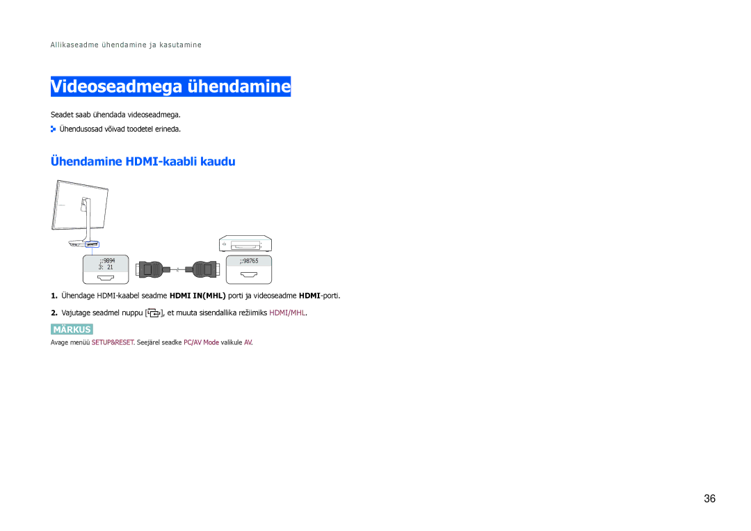 Samsung LS27B971DS/EN, LS27B970DS/EN manual Videoseadmega ühendamine, Ühendamine HDMI-kaabli kaudu 