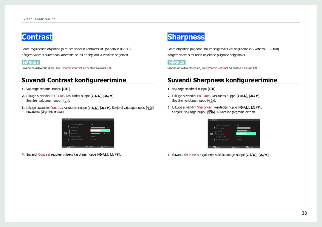Samsung LS27B971DS/EN, LS27B970DS/EN manual Suvandi Contrast konfigureerimine, Suvandi Sharpness konfigureerimine 