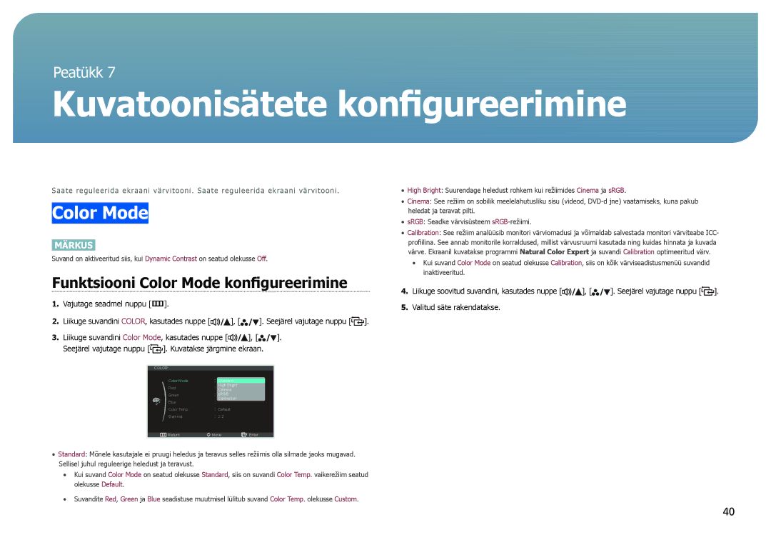 Samsung LS27B971DS/EN, LS27B970DS/EN manual Kuvatoonisätete konfigureerimine, Funktsiooni Color Mode konfigureerimine 