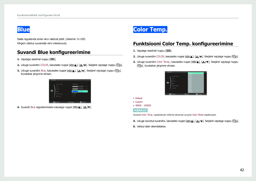 Samsung LS27B971DS/EN, LS27B970DS/EN manual Suvandi Blue konfigureerimine, Funktsiooni Color Temp. konfigureerimine 