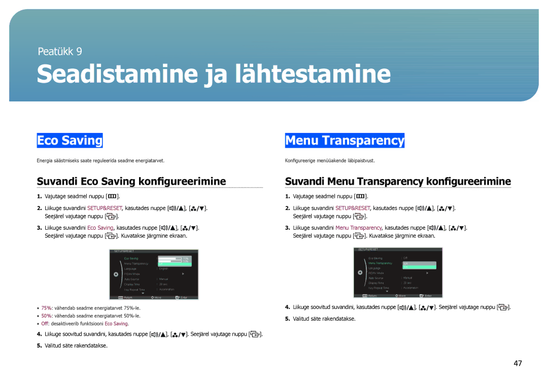 Samsung LS27B970DS/EN, LS27B971DS/EN manual Seadistamine ja lähtestamine, Suvandi Eco Saving konfigureerimine 