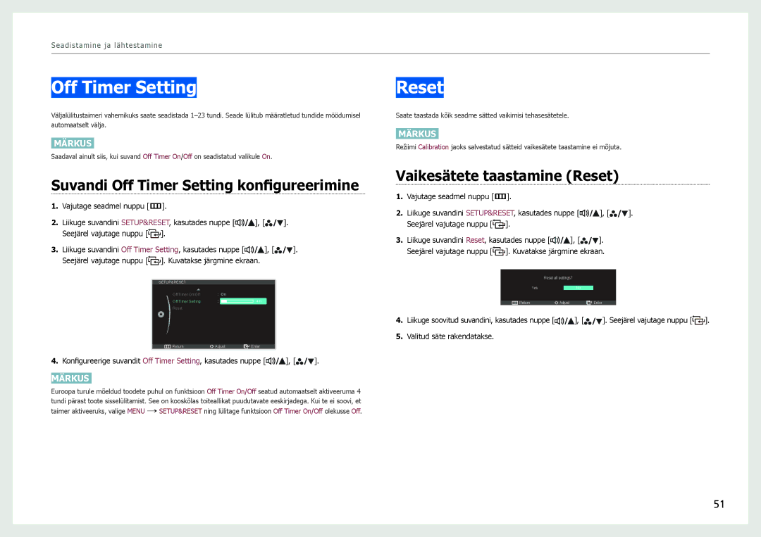 Samsung LS27B970DS/EN, LS27B971DS/EN manual Suvandi Off Timer Setting konfigureerimine, Vaikesätete taastamine Reset 