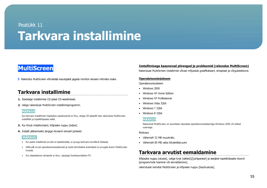 Samsung LS27B970DS/EN, LS27B971DS/EN manual Tarkvara installimine, MultiScreen, Tarkvara arvutist eemaldamine 