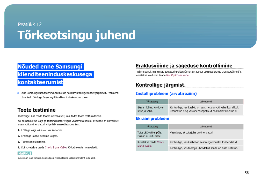 Samsung LS27B971DS/EN manual Eraldusvõime ja sageduse kontrollimine, Kontrollige järgmist, Toote testimine, Ekraaniprobleem 