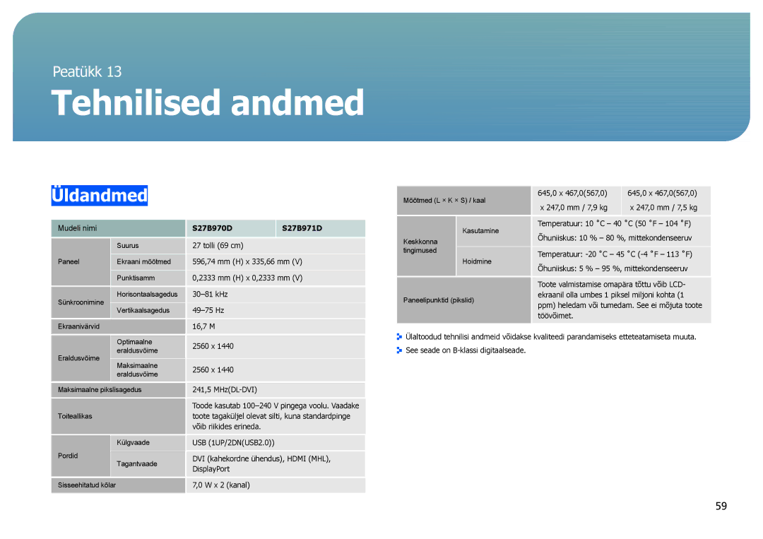 Samsung LS27B970DS/EN, LS27B971DS/EN manual Tehnilised andmed, Üldandmed 