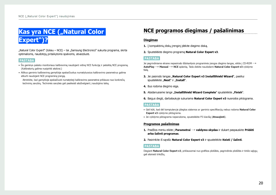 Samsung LS27B971DS/EN, LS27B970DS/EN manual Kas yra NCE „Natural Color Expert?, NCE programos diegimas / pašalinimas 