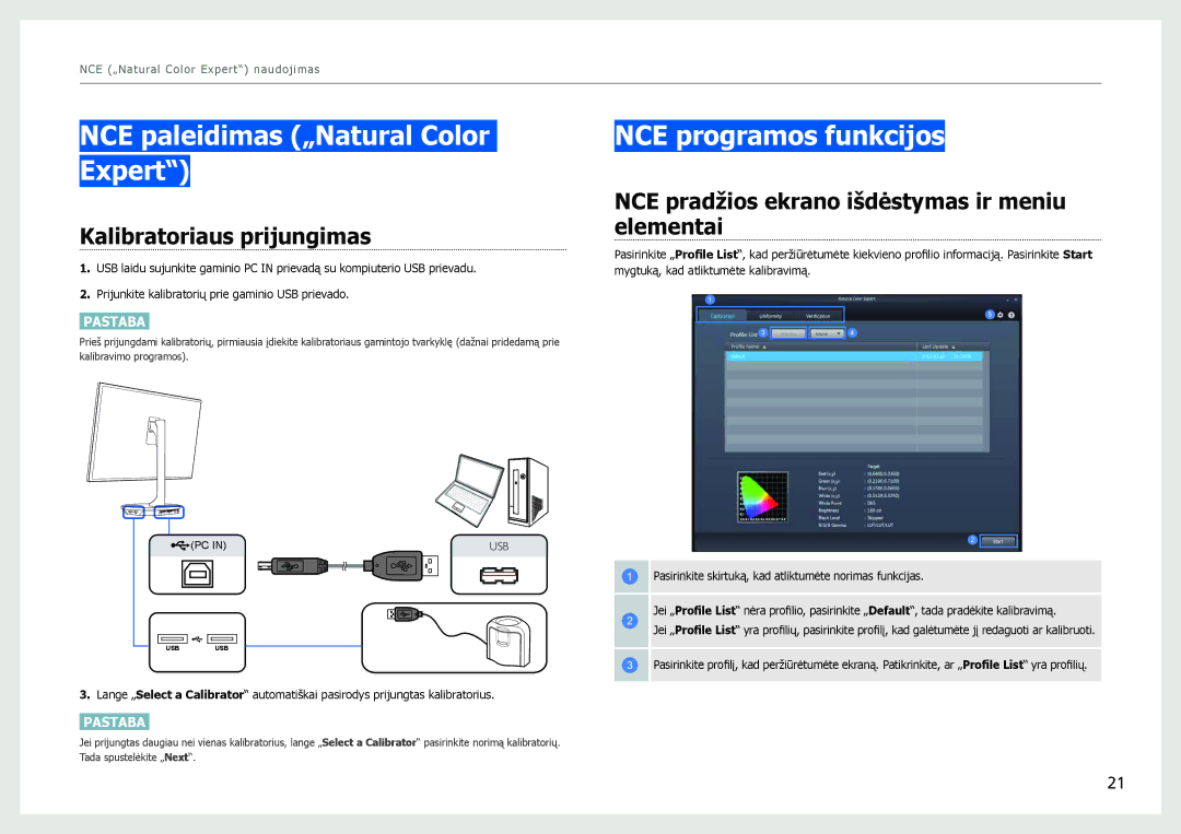 Samsung LS27B970DS/EN manual NCE paleidimas „Natural Color Expert, NCE programos funkcijos, Kalibratoriaus prijungimas 