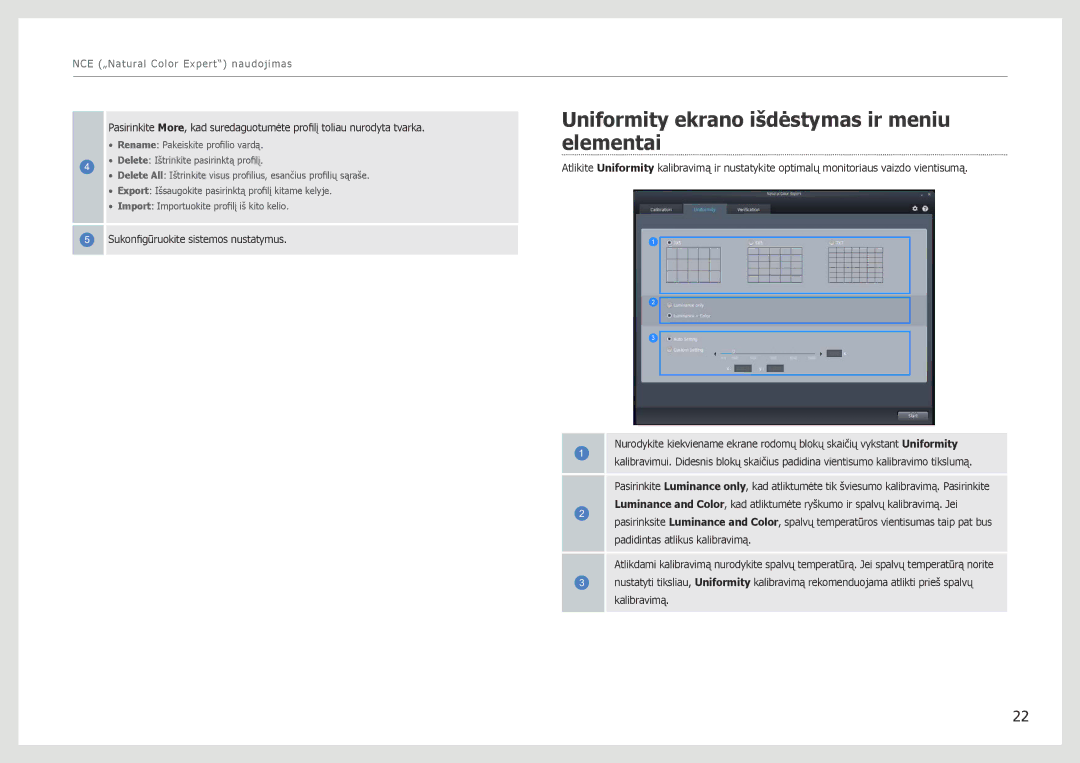 Samsung LS27B971DS/EN, LS27B970DS/EN manual Uniformity ekrano išdėstymas ir meniu elementai 