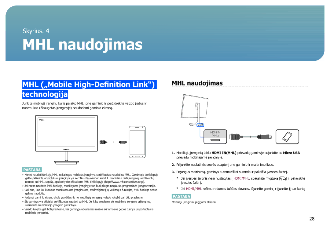 Samsung LS27B971DS/EN, LS27B970DS/EN manual MHL naudojimas, MHL „Mobile High-Definition Link technologija 