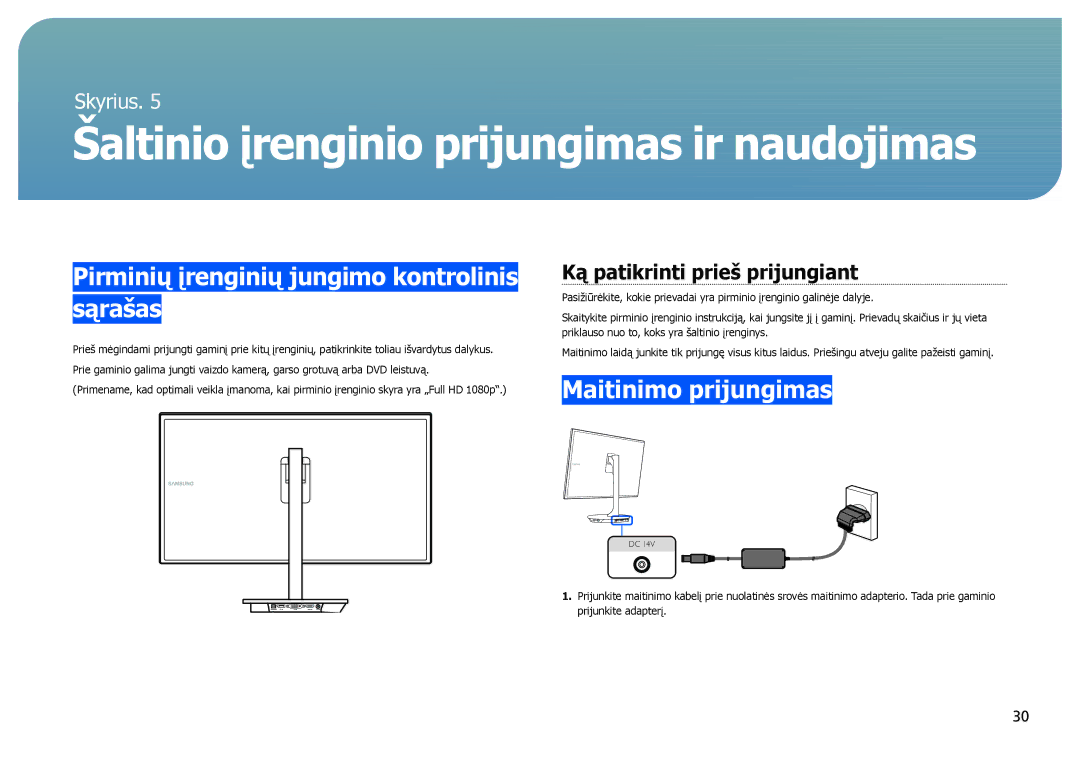 Samsung LS27B971DS/EN, LS27B970DS/EN manual Pirminių įrenginių jungimo kontrolinis sąrašas, Maitinimo prijungimas 