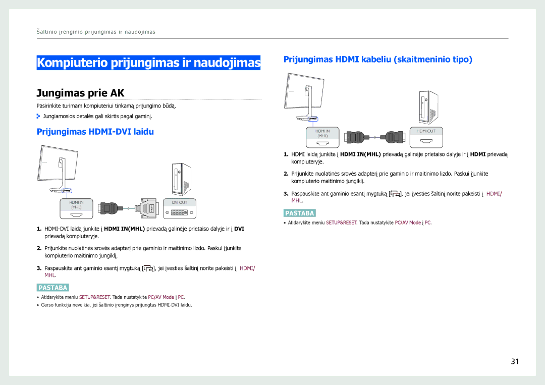 Samsung LS27B970DS/EN, LS27B971DS/EN Kompiuterio prijungimas ir naudojimas, Jungimas prie AK, Prijungimas HDMI-DVI laidu 