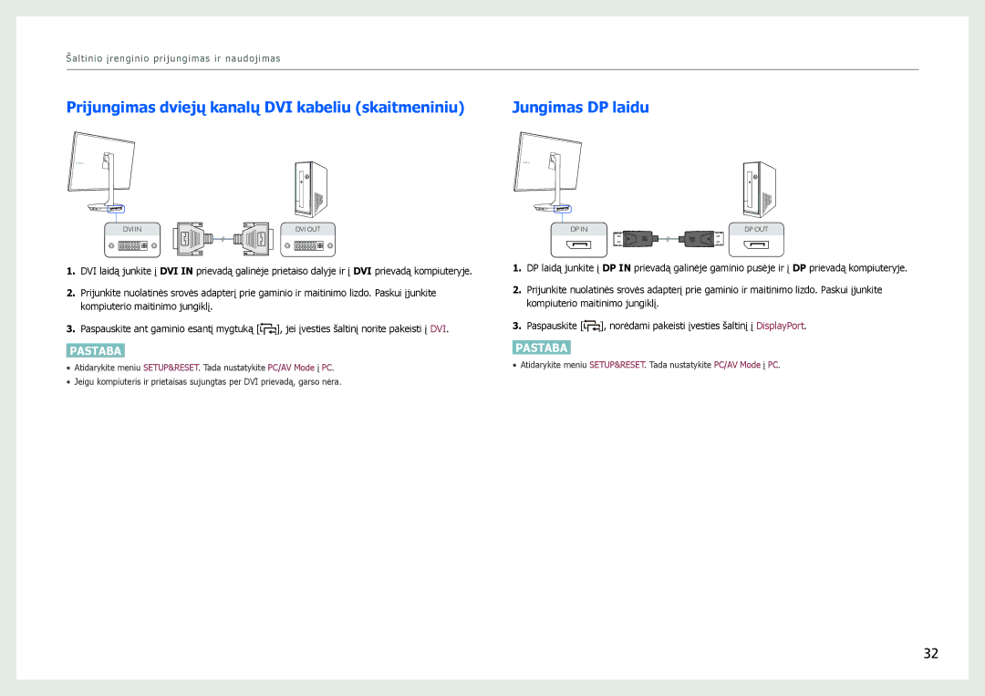 Samsung LS27B971DS/EN, LS27B970DS/EN manual Prijungimas dviejų kanalų DVI kabeliu skaitmeniniu, Jungimas DP laidu 