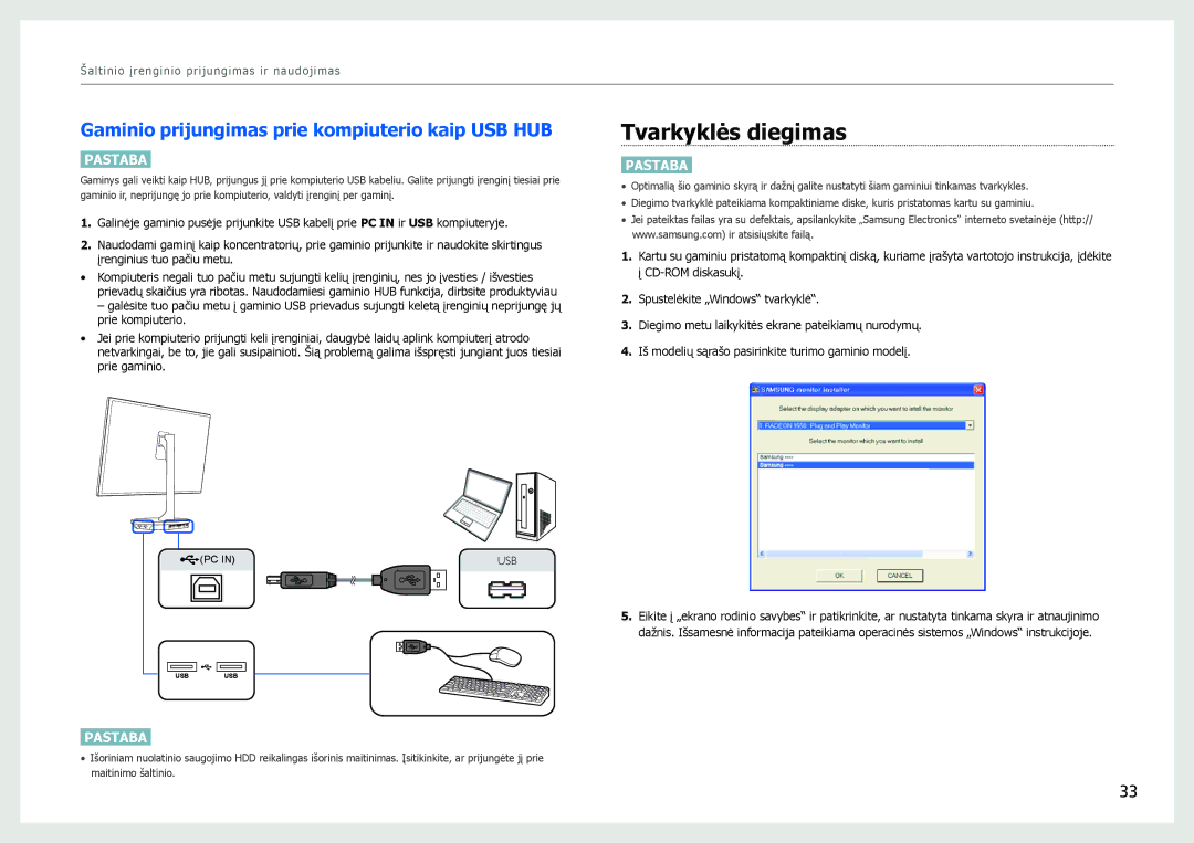 Samsung LS27B970DS/EN, LS27B971DS/EN manual Tvarkyklės diegimas, Gaminio prijungimas prie kompiuterio kaip USB HUB 