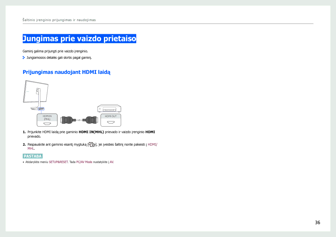 Samsung LS27B971DS/EN, LS27B970DS/EN manual Jungimas prie vaizdo prietaiso, Prijungimas naudojant Hdmi laidą 