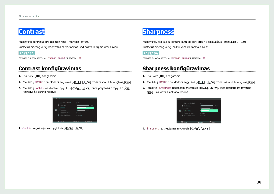Samsung LS27B971DS/EN, LS27B970DS/EN manual Contrast konfigūravimas, Sharpness konfigūravimas 