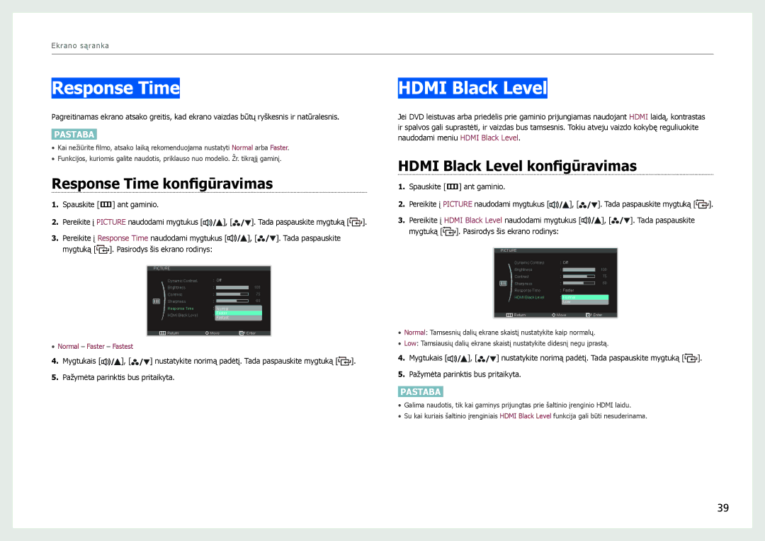 Samsung LS27B970DS/EN, LS27B971DS/EN manual Response Time konfigūravimas, Hdmi Black Level konfigūravimas 