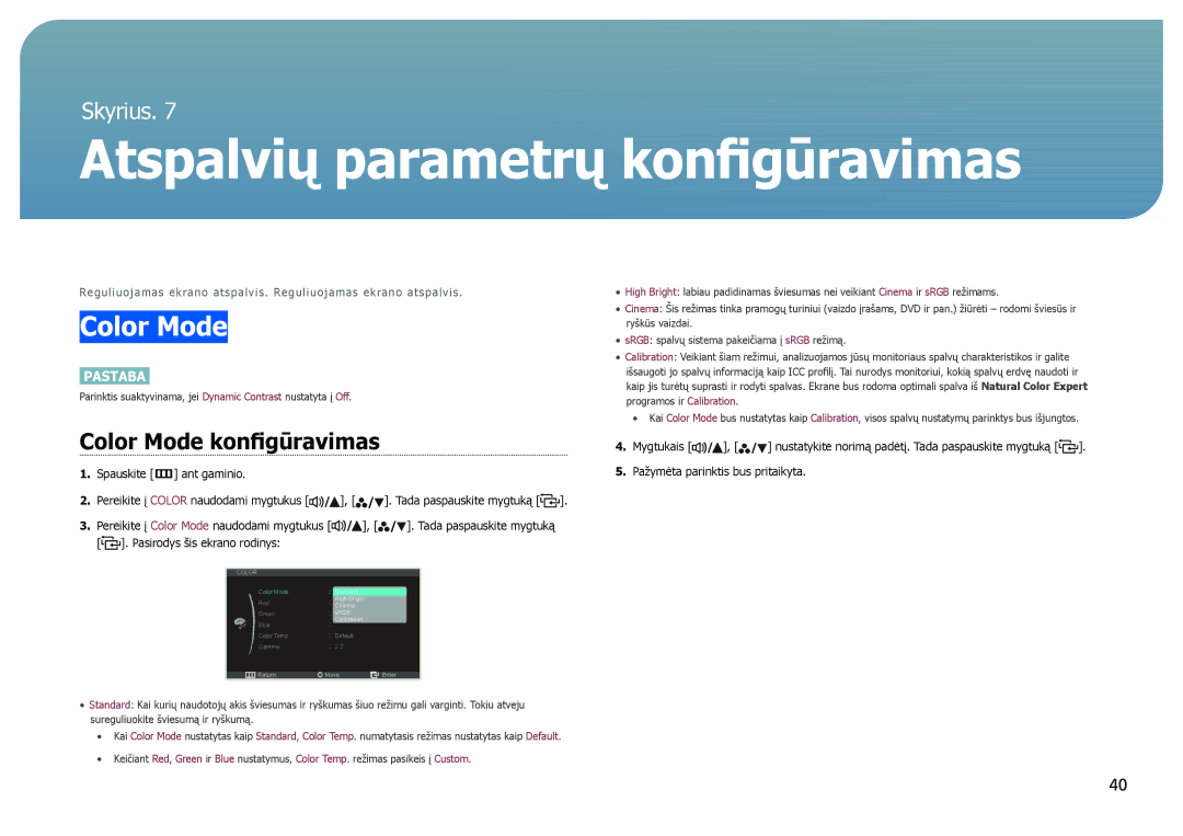 Samsung LS27B971DS/EN, LS27B970DS/EN manual Atspalvių parametrų konfigūravimas, Color Mode konfigūravimas 