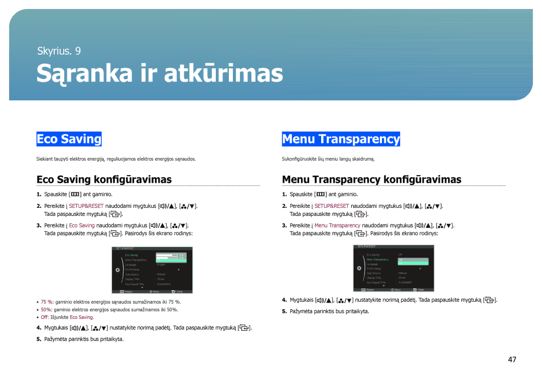 Samsung LS27B970DS/EN, LS27B971DS/EN Sąranka ir atkūrimas, Eco Saving konfigūravimas, Menu Transparency konfigūravimas 