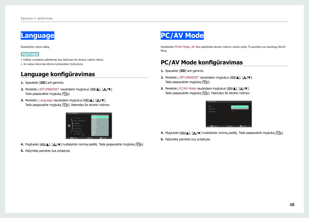 Samsung LS27B971DS/EN, LS27B970DS/EN manual Language konfigūravimas, PC/AV Mode konfigūravimas 