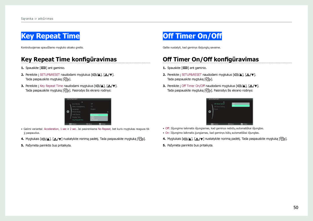Samsung LS27B971DS/EN, LS27B970DS/EN manual Key Repeat Time konfigūravimas, Off Timer On/Off konfigūravimas 