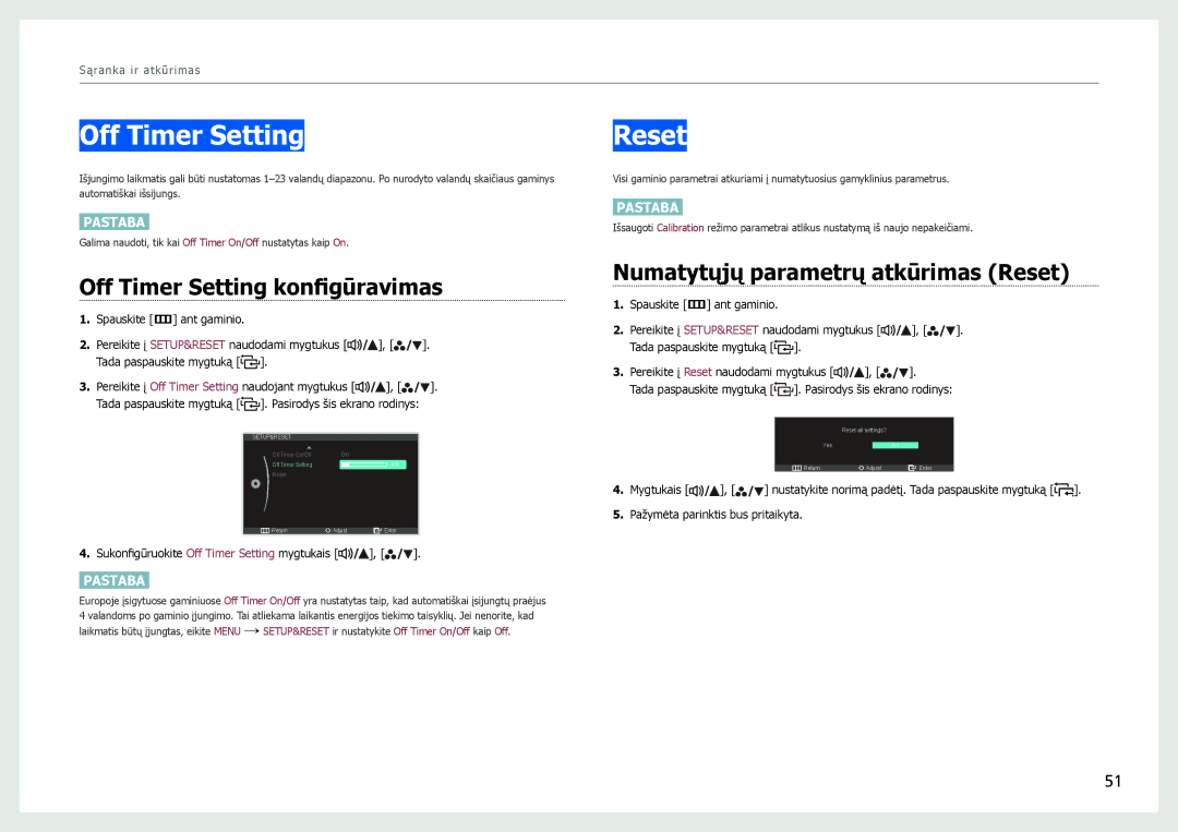Samsung LS27B970DS/EN, LS27B971DS/EN manual Off Timer Setting konfigūravimas, Numatytųjų parametrų atkūrimas Reset 