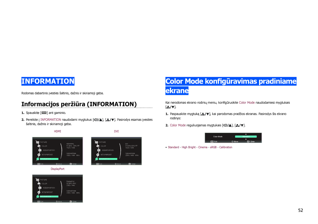 Samsung LS27B971DS/EN, LS27B970DS/EN manual Informacijos meniu ir kt, Color Mode konfigūravimas pradiniame ekrane 