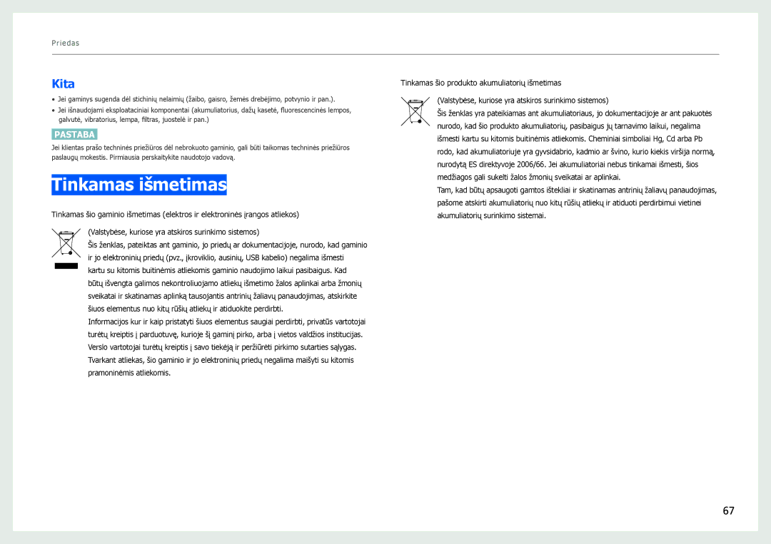 Samsung LS27B970DS/EN, LS27B971DS/EN manual Tinkamas išmetimas, Kita 