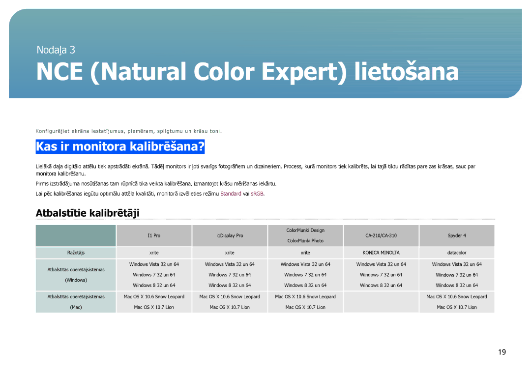 Samsung LS27B970DS/EN manual NCE Natural Color Expert lietošana, Kas ir monitora kalibrēšana?, Atbalstītie kalibrētāji 