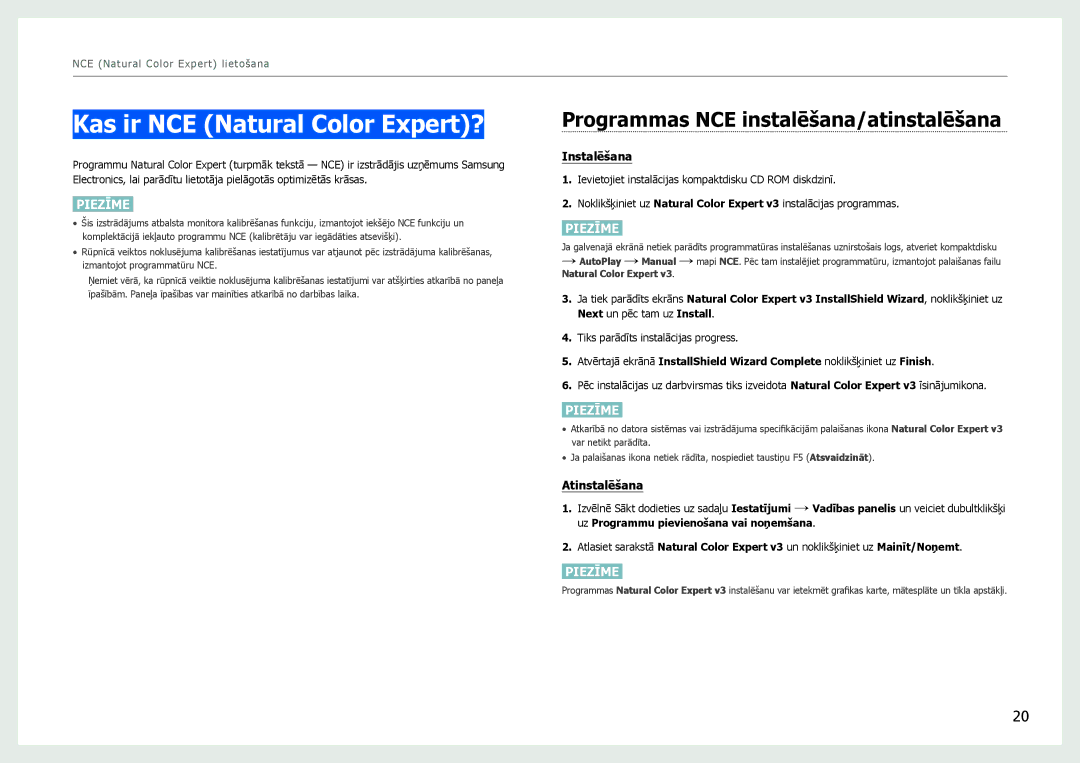 Samsung LS27B971DS/EN, LS27B970DS/EN manual Kas ir NCE Natural Color Expert?, Programmas NCE instalēšana/atinstalēšana 