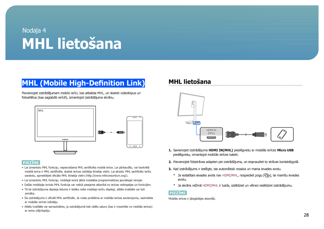 Samsung LS27B971DS/EN, LS27B970DS/EN manual MHL lietošana, MHL Mobile High-Definition Link 