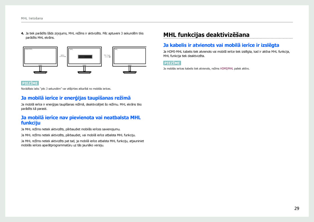 Samsung LS27B970DS/EN, LS27B971DS/EN manual MHL funkcijas deaktivizēšana, Ja mobilā ierīce ir enerģijas taupīšanas režīmā 