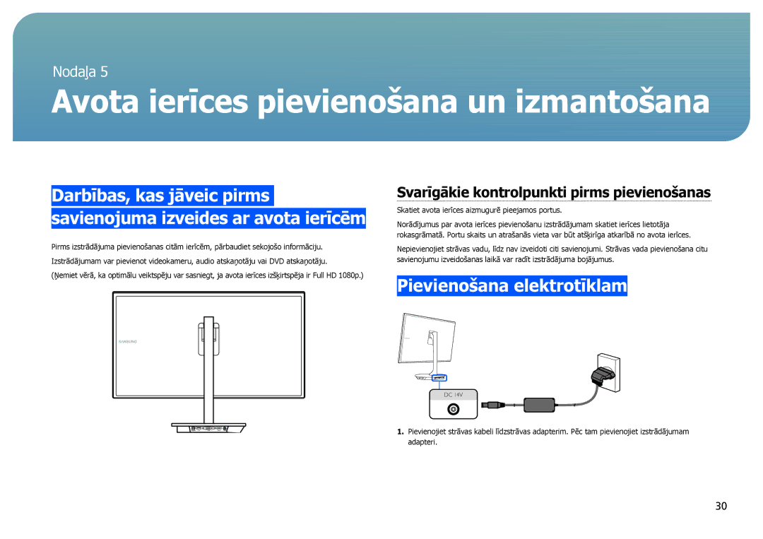 Samsung LS27B971DS/EN, LS27B970DS/EN manual Pievienošana elektrotīklam, Svarīgākie kontrolpunkti pirms pievienošanas 