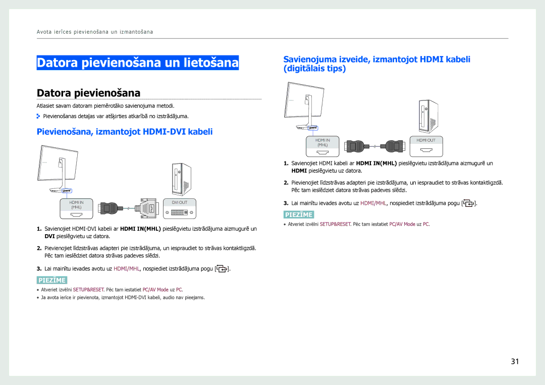 Samsung LS27B970DS/EN, LS27B971DS/EN manual Datora pievienošana un lietošana, Pievienošana, izmantojot HDMI-DVI kabeli 